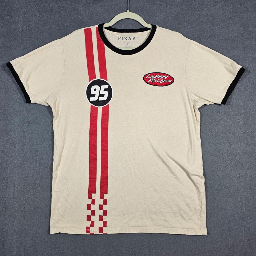 BoxLunch Pixar Shirt Mens Large Beige Lightning McQueen Disney Cars Ringer Tee